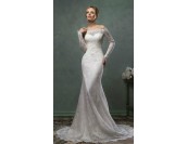 снежно бяла дантелена булчинска рокля с паднали рамене и 7/8 ръкав