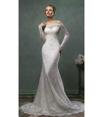 снежно бяла дантелена булчинска рокля с паднали рамене и 7/8 ръкав снежно бяла дантелена булчинска рокля с паднали рамене и 7/8 ръкав